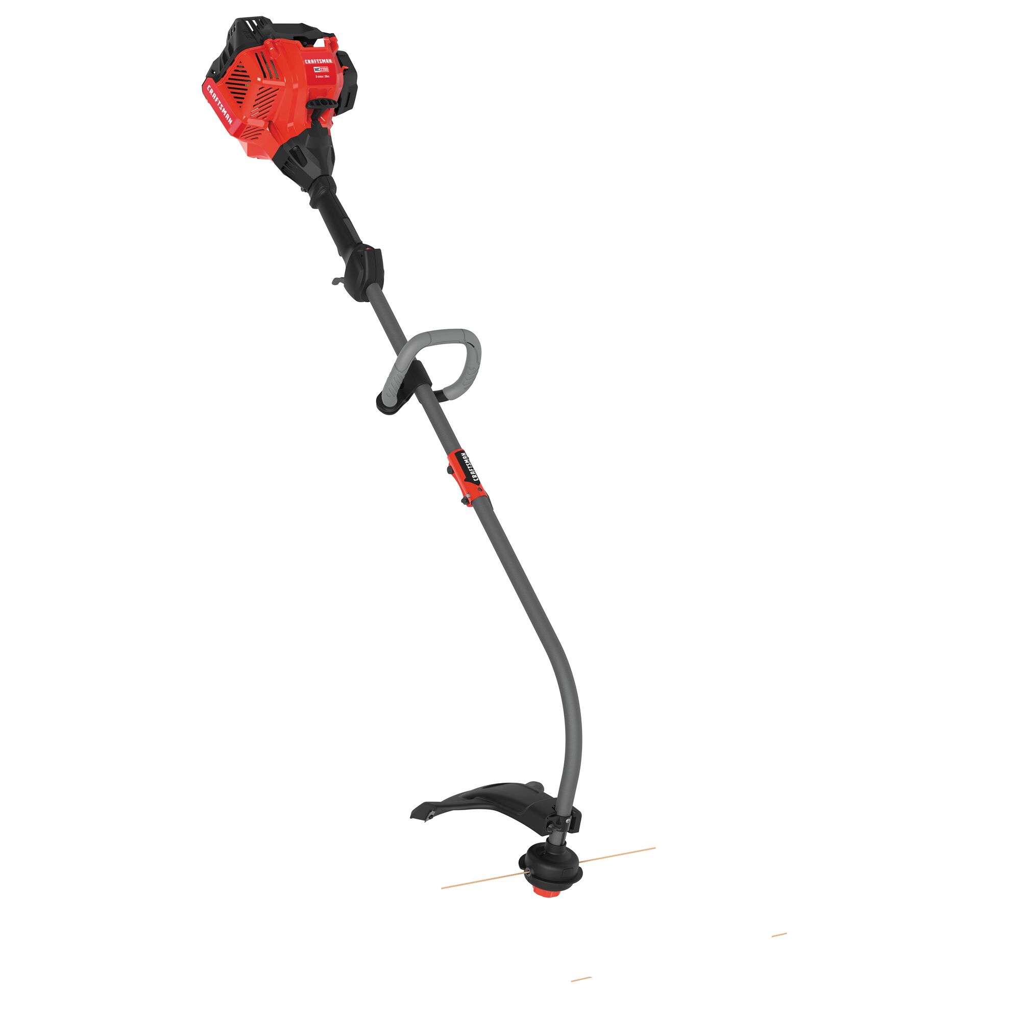 Left profile of W C 2200 weedwacker 25 C C 2 cycle 17 inch attachment capable curved shaft gas trimmer.
