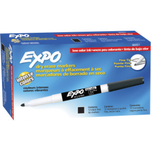 Low Odor Dry Erase Markers, Fine Tip, Black, Box of 12