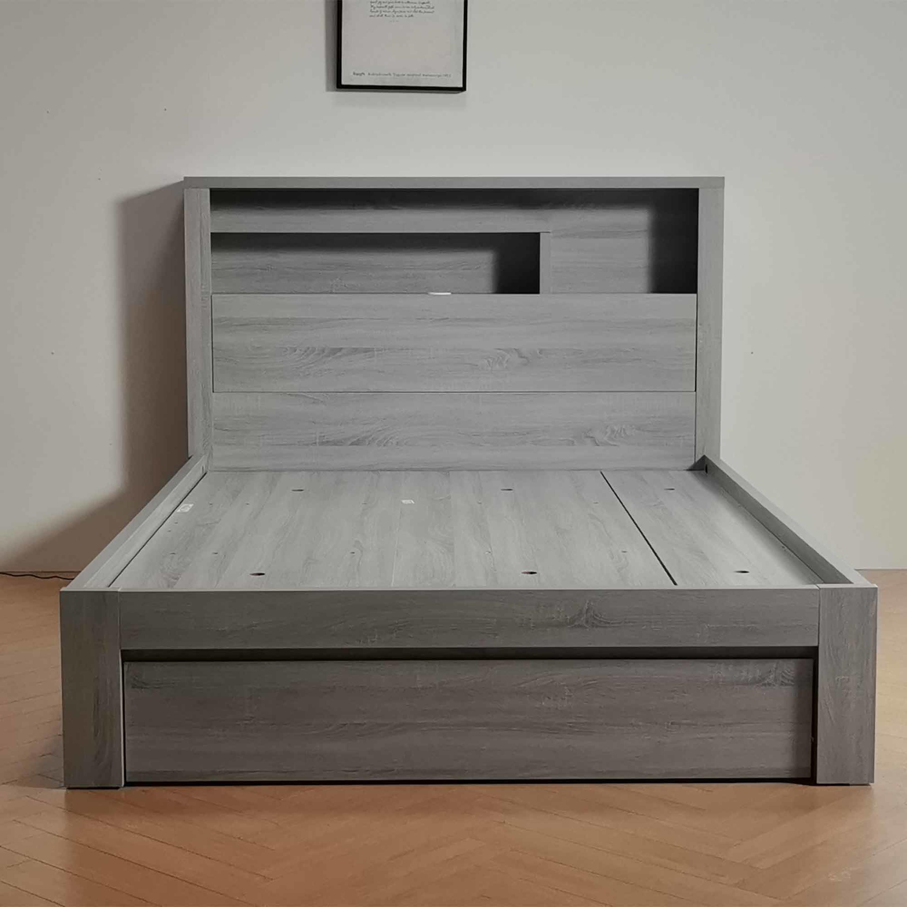 Lifestyle image of the  Bellevue Bed Frame, Side Gas Lift & End Drawer Base, Cement Grey from Forty Winks