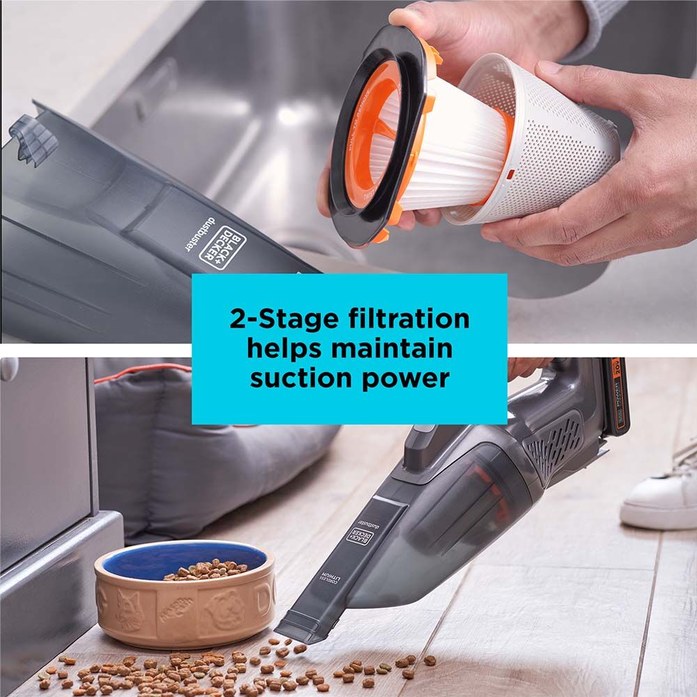 Black and decker Dustbuster 20V MAX* POWERCONNECT Cordless Handheld Vacuum being used to clean up dog food with 2 stage filtration