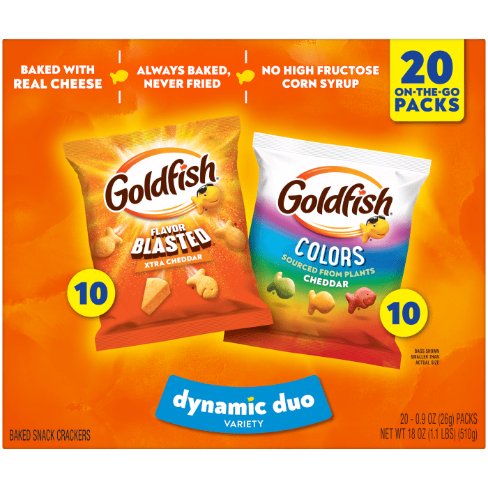 Goldfish® Colors Cheddar and Flavor Blasted Xtra Cheddar Crackers, 20 count box, 18 oz, bag - Back Image