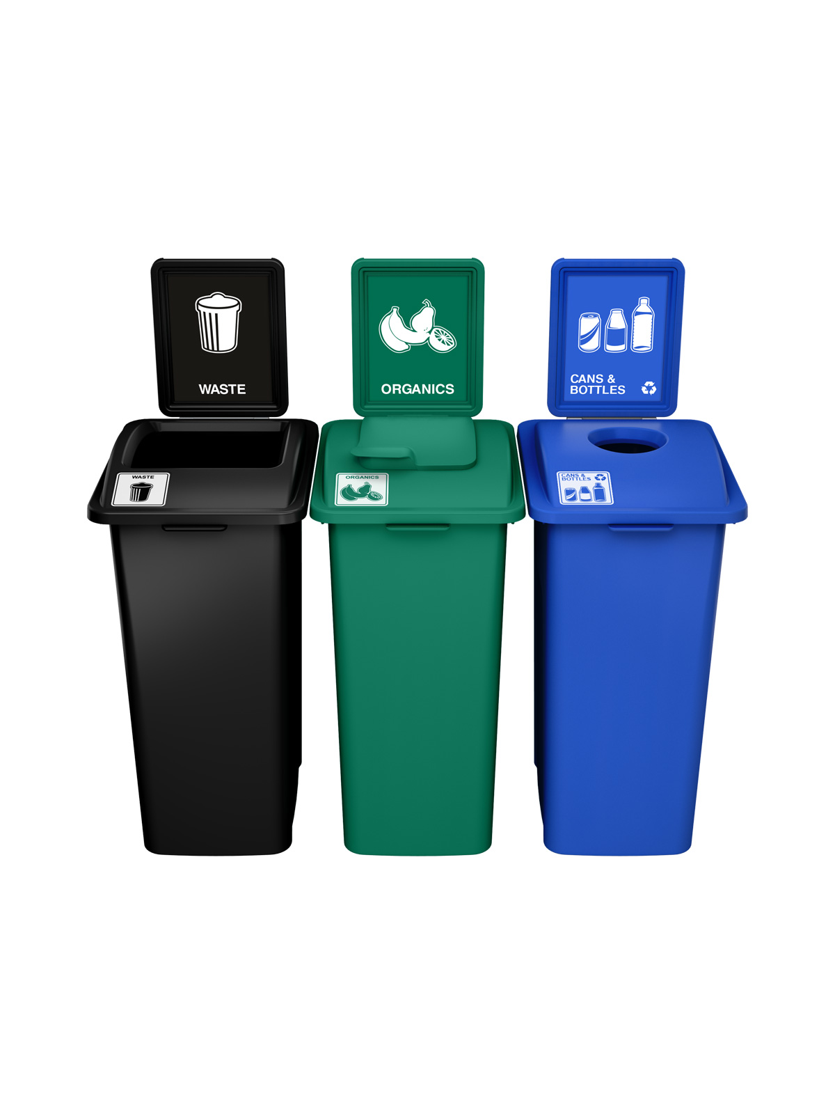 WASTE WATCHER – Triple – Kit – Xl – Waste-Organics-Cans & Bottles – Full-Solid Lift-Circle – Black-Green-Blue