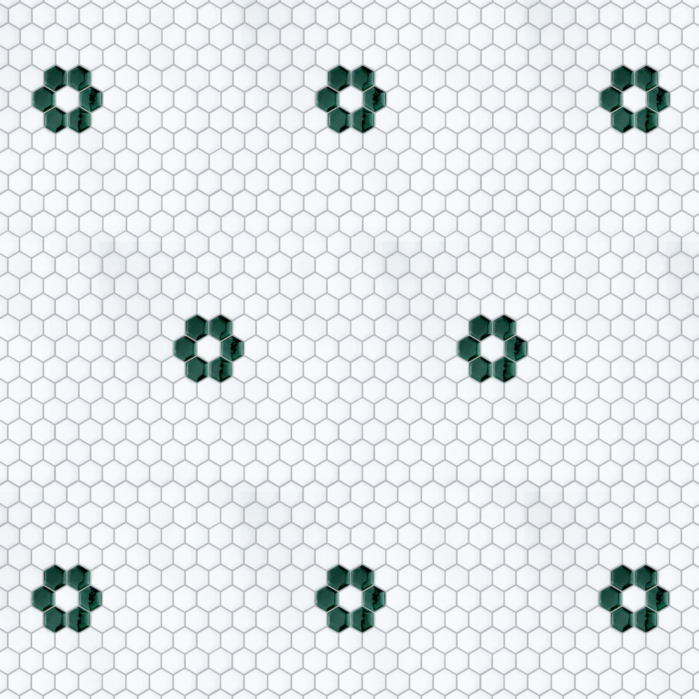 Metro Ion 1″ Hex Emerald Single Flower w/ Glossy White 10-1/4 in. x 11-7/8 in. Porcelain Mosaic Tile