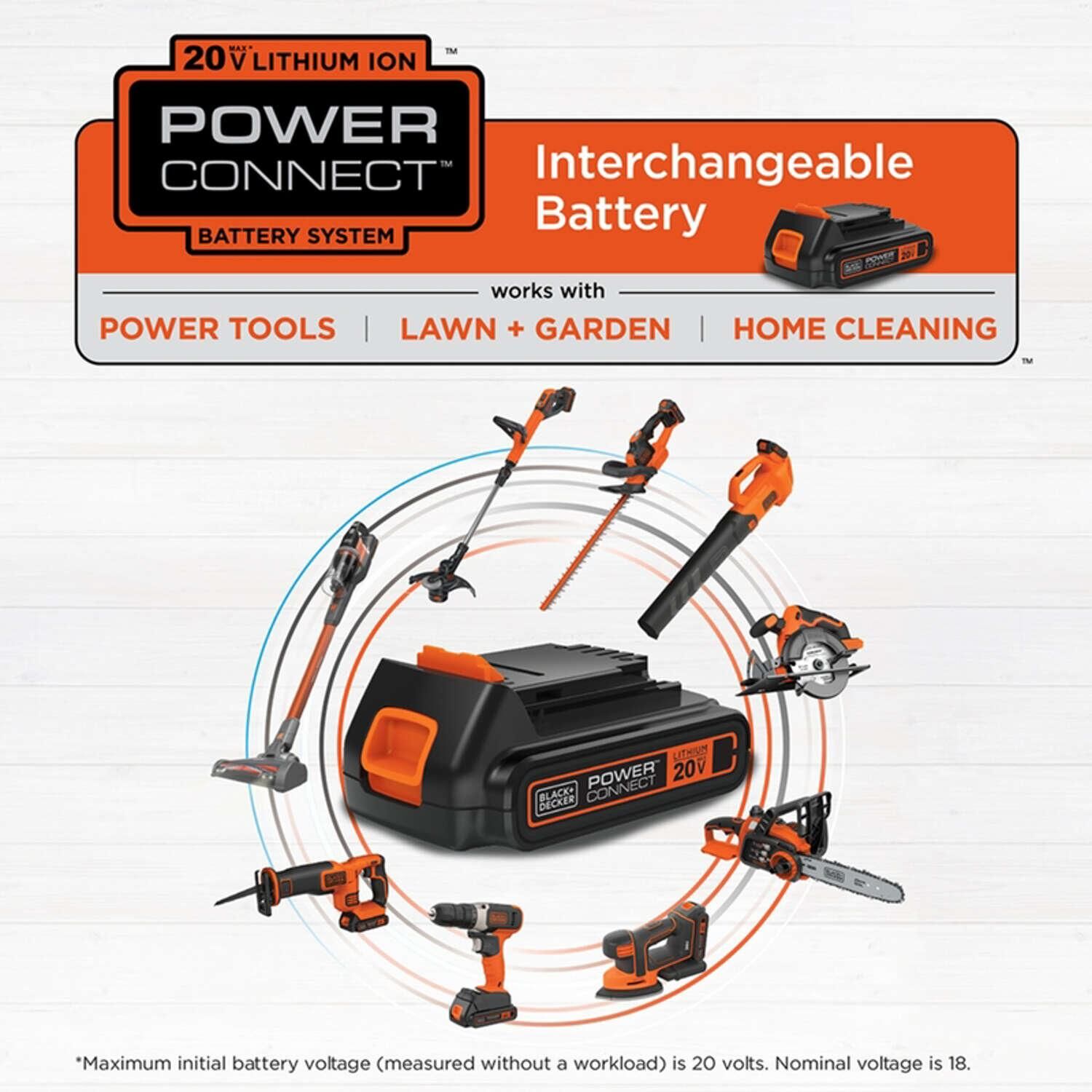 BLACK+DECKER 20 volt max Powerconnect tools organized in a circle around a Black and decker 20 volt Powerconnect lithium battery