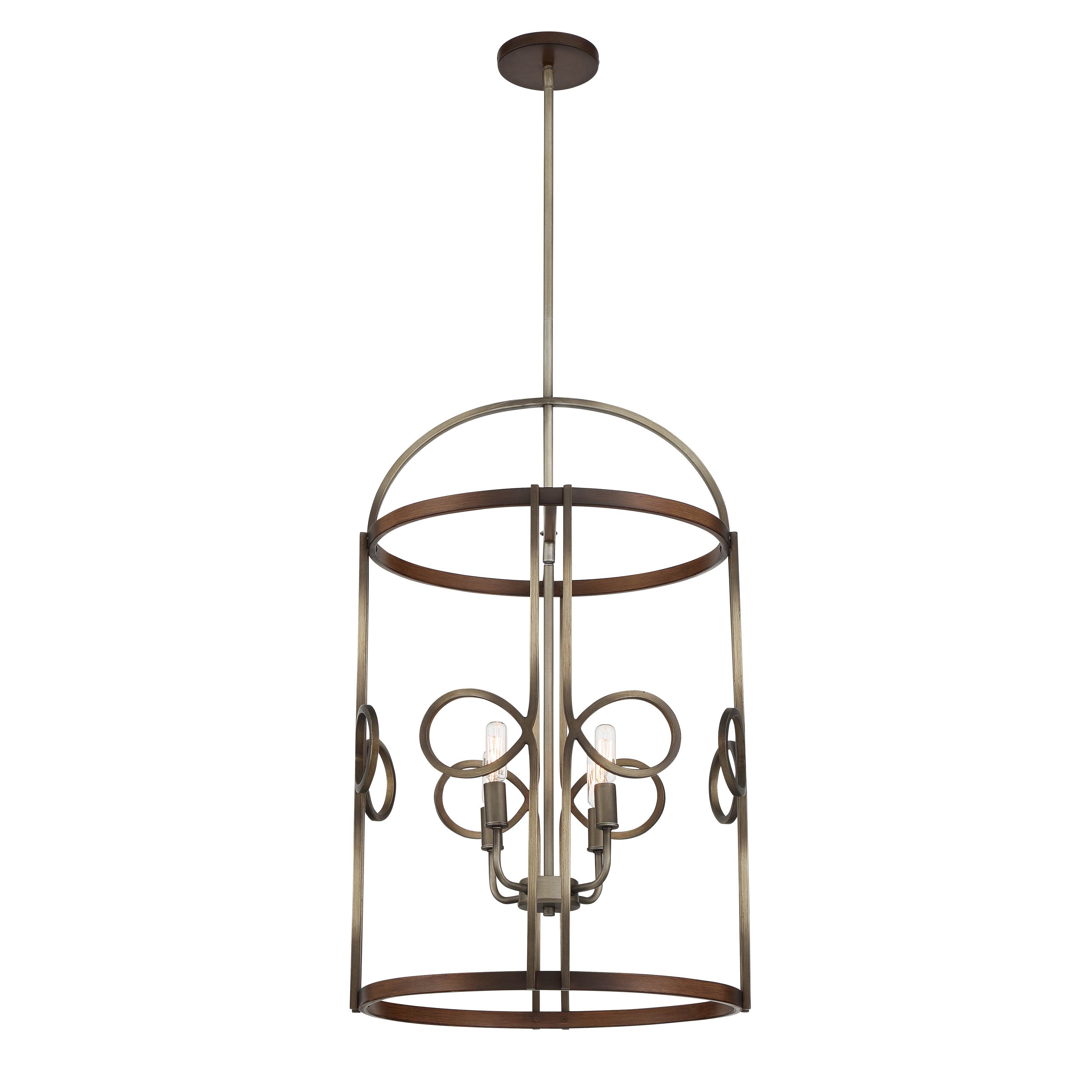 Robin Baron's Yorkville pendant combines aged darkwood with silver patina metalwork for a sophisticated traditional look. The 4-light design provides ample illumination while the 18-inch width suits medium-sized spaces perfectly. - alternate view