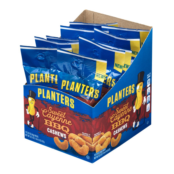 PLANTERS(r) Sweet Cayenne Barbecue Cashews Tube 30/2.25oz . C1RP - Front Right Pallet/Display (Hi Res)