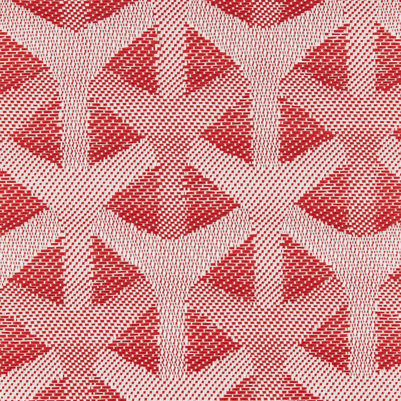 Woven red-and-white textile with repeating diamond and triangle motifs and raised texture â€” forming a checked, diagonal pattern â€” close-up flat lay with even lighting, no visible surroundings.