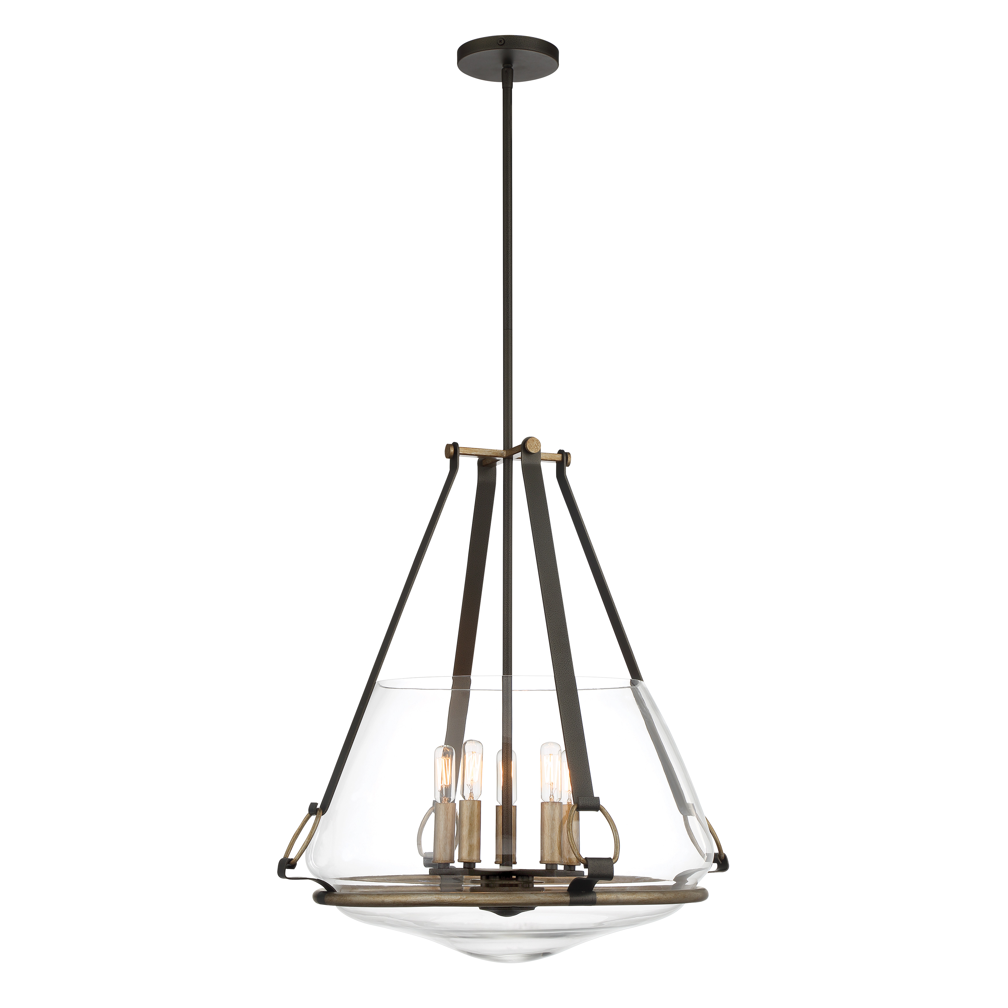 The Eden Valley combines modern sophistication with industrial edge through its smoked iron and aged gold finish. Five candelabra lights behind clear glass shades provide ample illumination, while the convertible design offers flexibility for various ceiling heights. - alternate view
