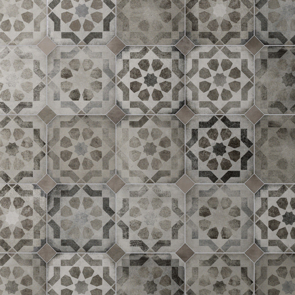 Laverton Octagon Deco Sombra with Grafito 7-7/8 in. x 7-7/8 in. Porcelain Floor and Wall Tile