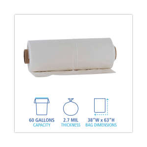 Boardwalk,  LLDPE Industrial Drum Liner, 60 gal Capacity, 38 in Wide, 63 in High, 2.7 Mils Thick, Clear