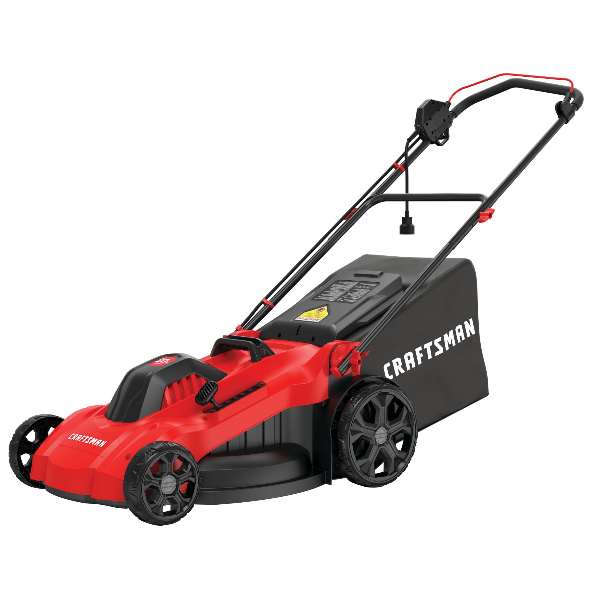 Profile of 13 amp 20 inch corded 3 in 1 lawn mower.