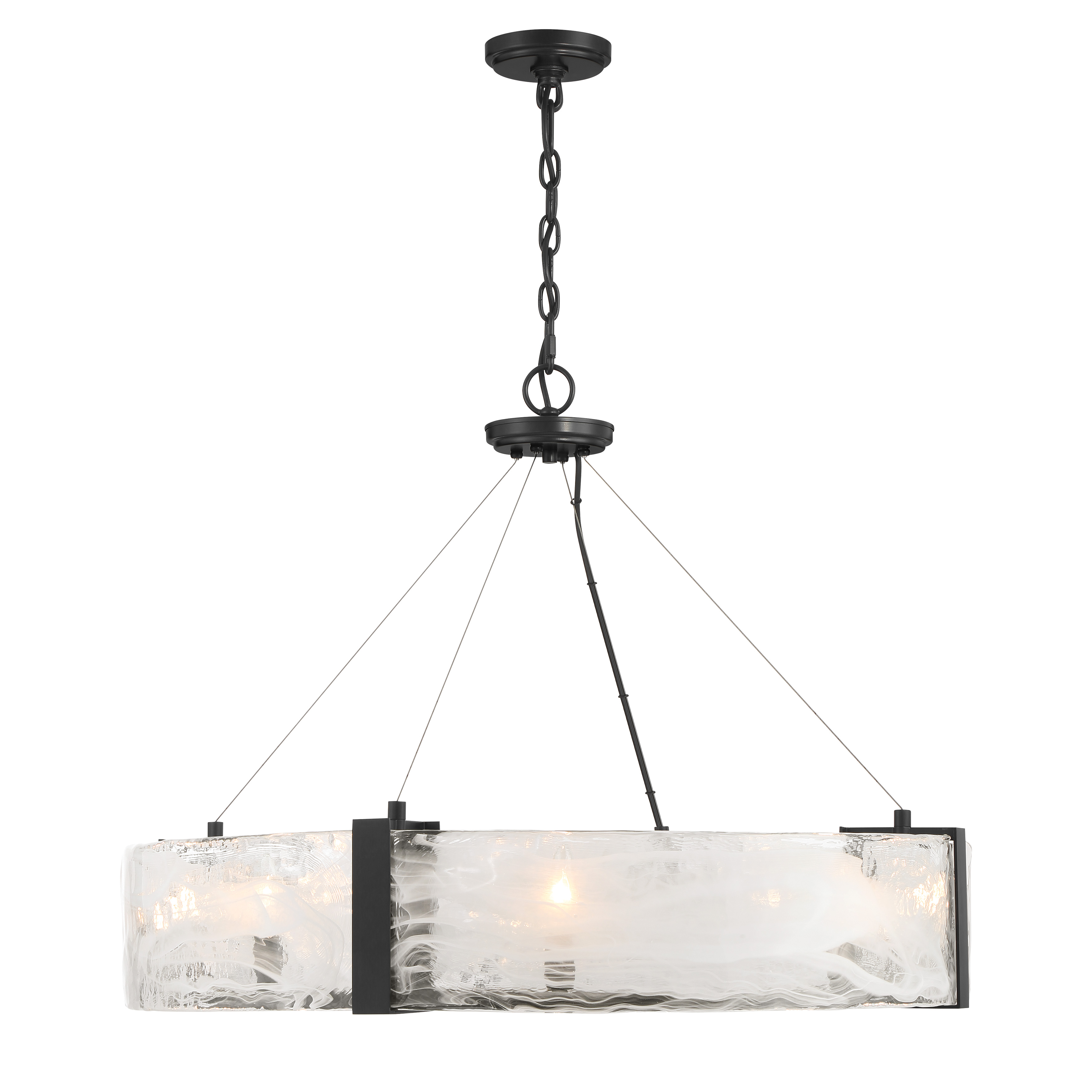 The Cloud Break pendant combines industrial-modern aesthetics with sophisticated cloud glass shades. Its substantial 32-inch width and coal black finish create bold visual impact while eight candelabra bulbs provide ample illumination. - alternate view