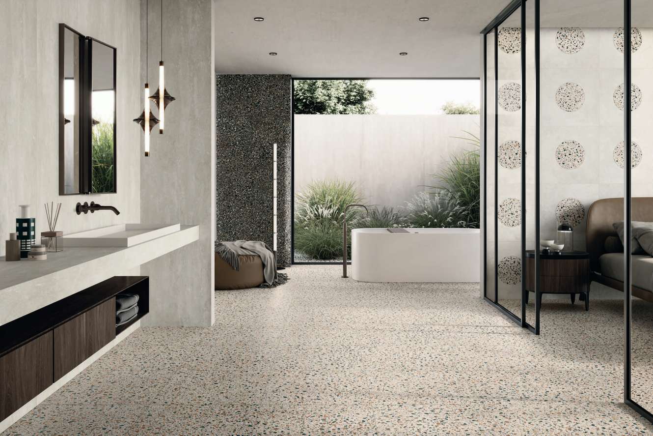 Civic Multicolor White and Black 24x24, Clear Vein and Sable Vein Slab, and Multicolor White Circle