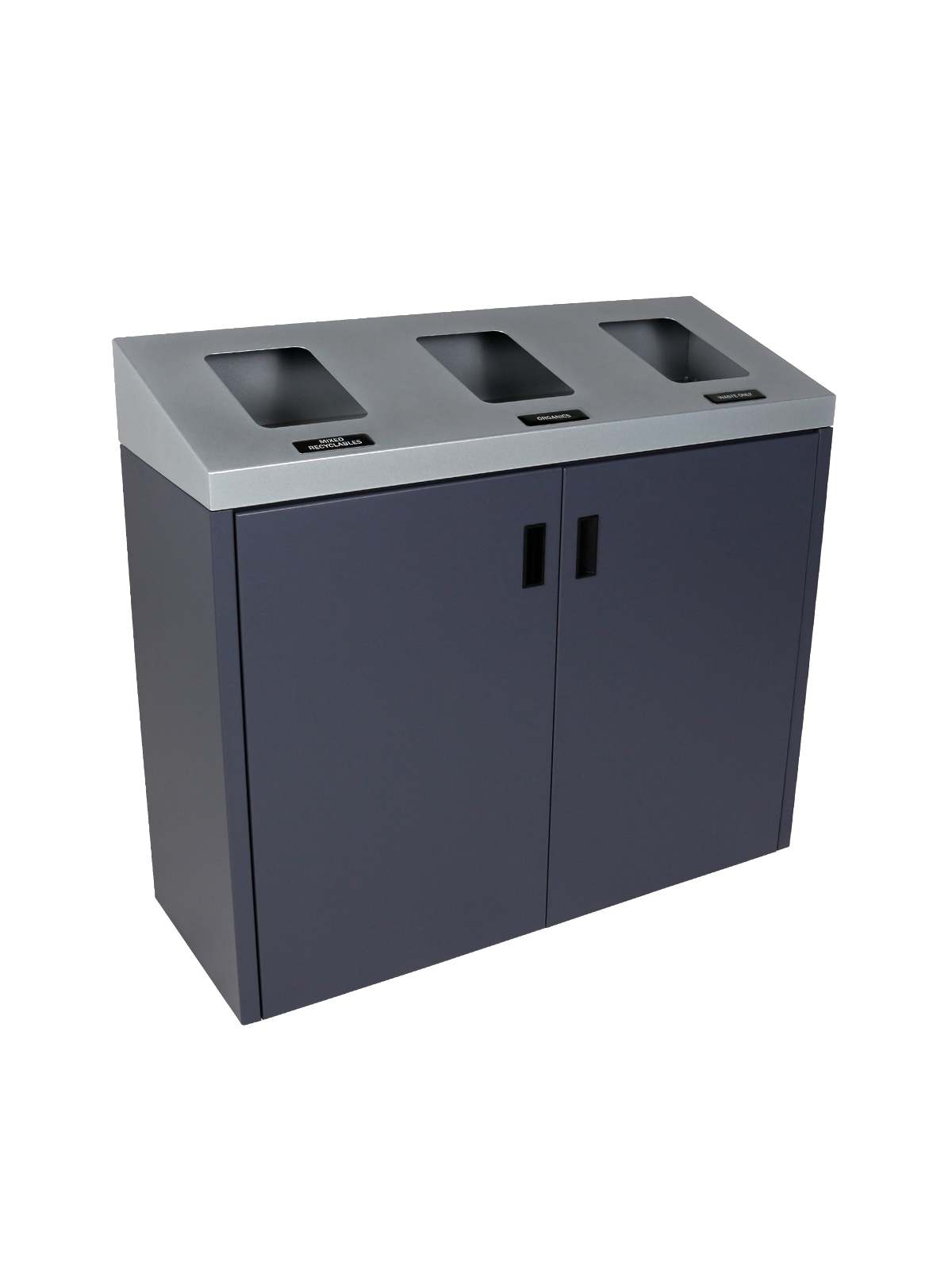 SUMMIT – Triple – Sloped Lid – Mixed Recyclables-Organics-Waste – Full – Grey-Silver