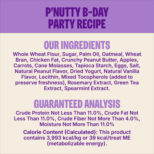 <p>Whole Wheat Flour, Sugar, Palm Oil, Oatmeal, Wheat Bran, Chicken Fat, Crunchy Peanut Butter, Apples, Carrots, Cane Molasses, Tapioca Starch, Eggs, Salt, Natural Peanut Flavor, Dried Yogurt, Natural Vanilla Flavor, Lecithin, Mixed Tocopherols (added to preserve freshness), Rosemary Extract, Green Tea Extract, Spearmint Extract.</p>
