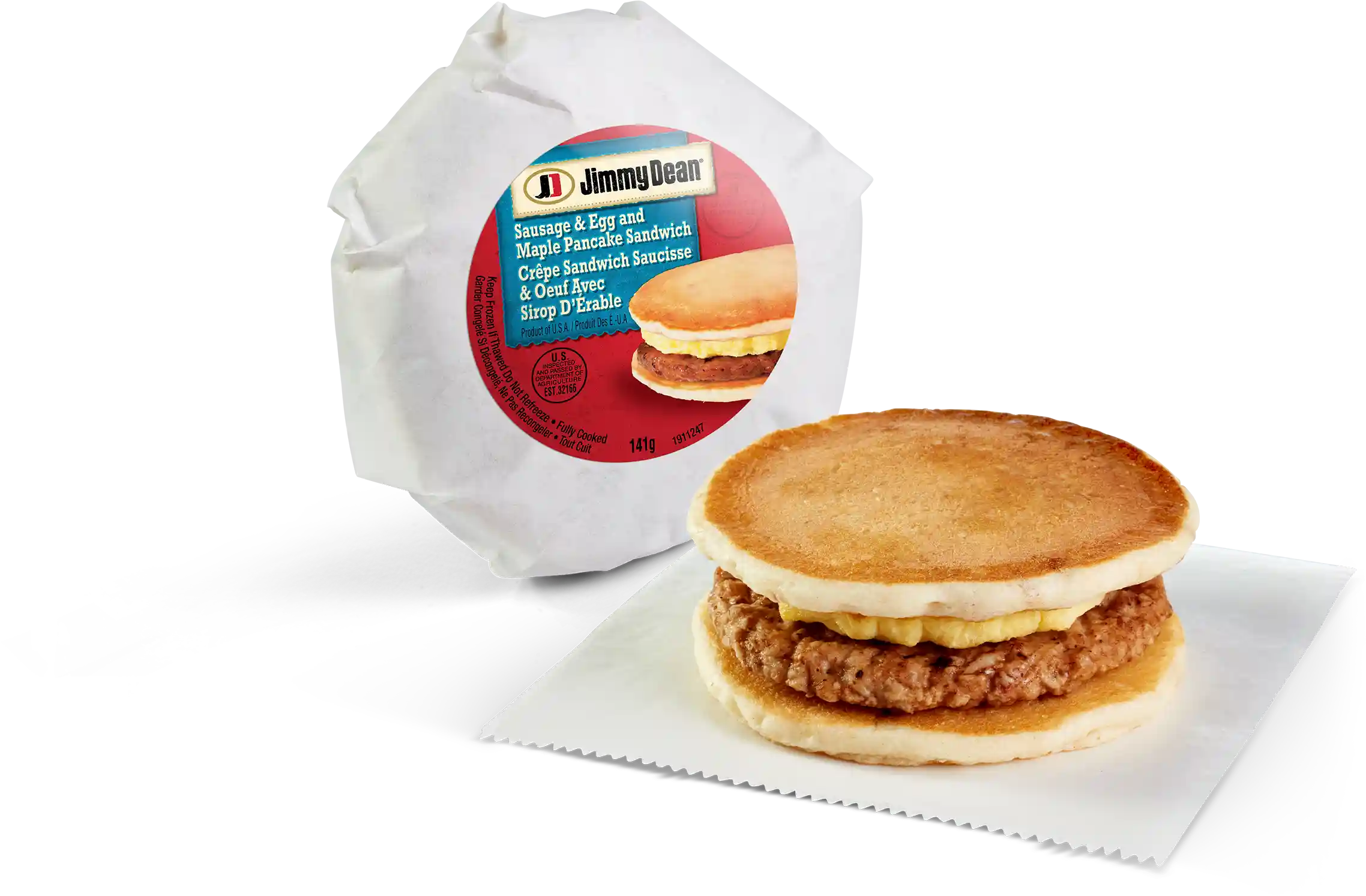 Jimmy Dean® Butcher Wrapped Sausage and Egg Maple Pancake Sandwichhttps://images.salsify.com/image/upload/s--JQ2_d-Uk--/q_25/z6kcbaugmvezgytibvrn.webp