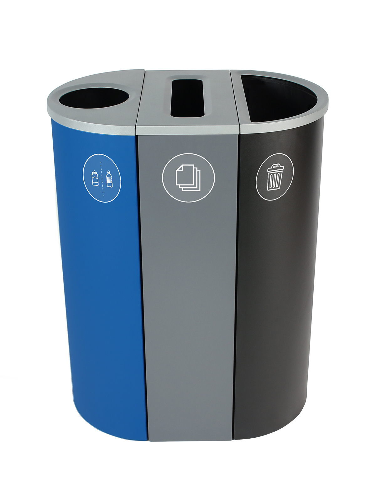 SPECTRUM – Triple – Kit – Cans & Bottles-Paper-Waste – Circle-Slot-Full – Blue-Grey-Black