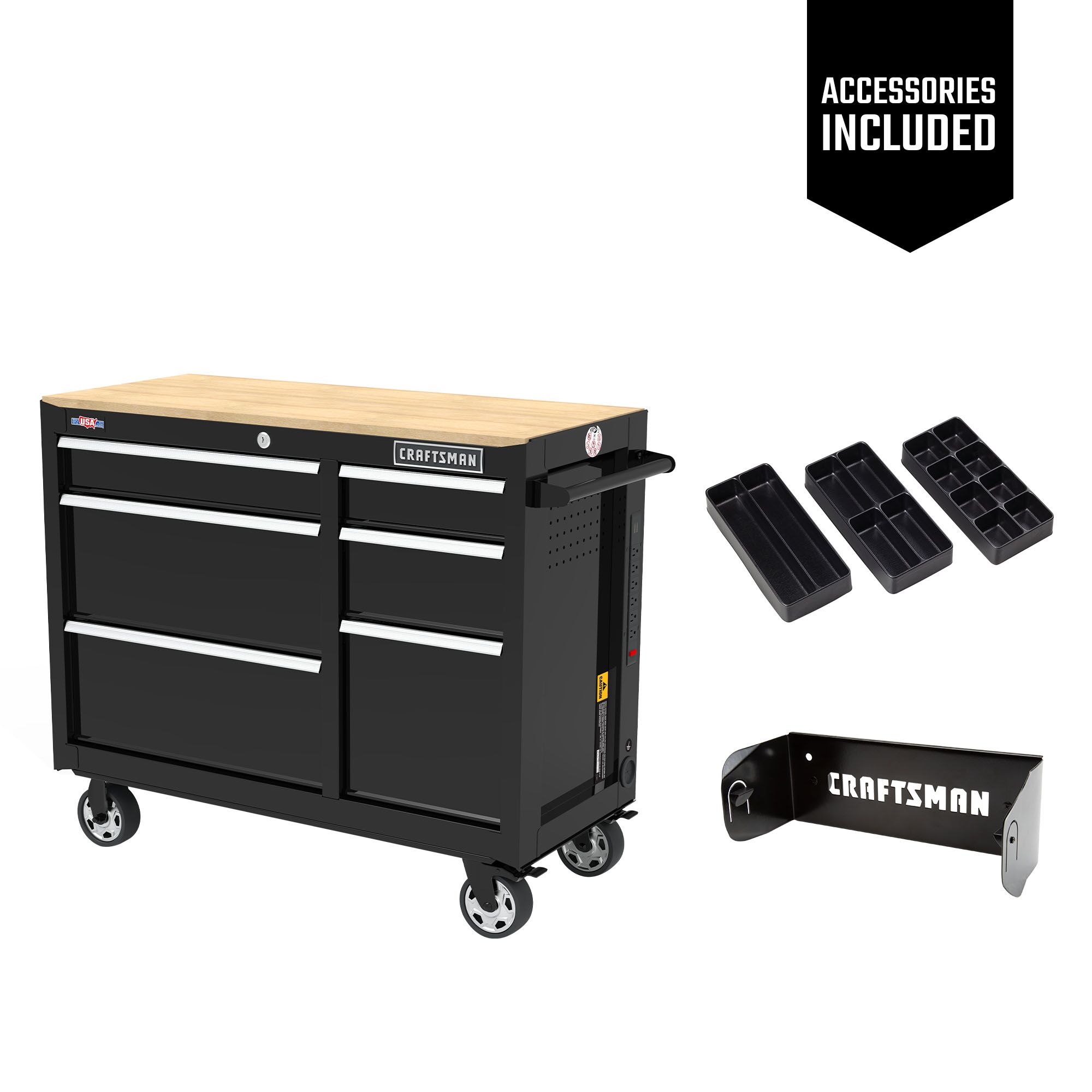 One black CRAFTSMAN 41 inch Wide 6-Drawer Mobile Workbench with three black Cabinet Drawer Trays and one black Magnetic Paper Towel Holder included