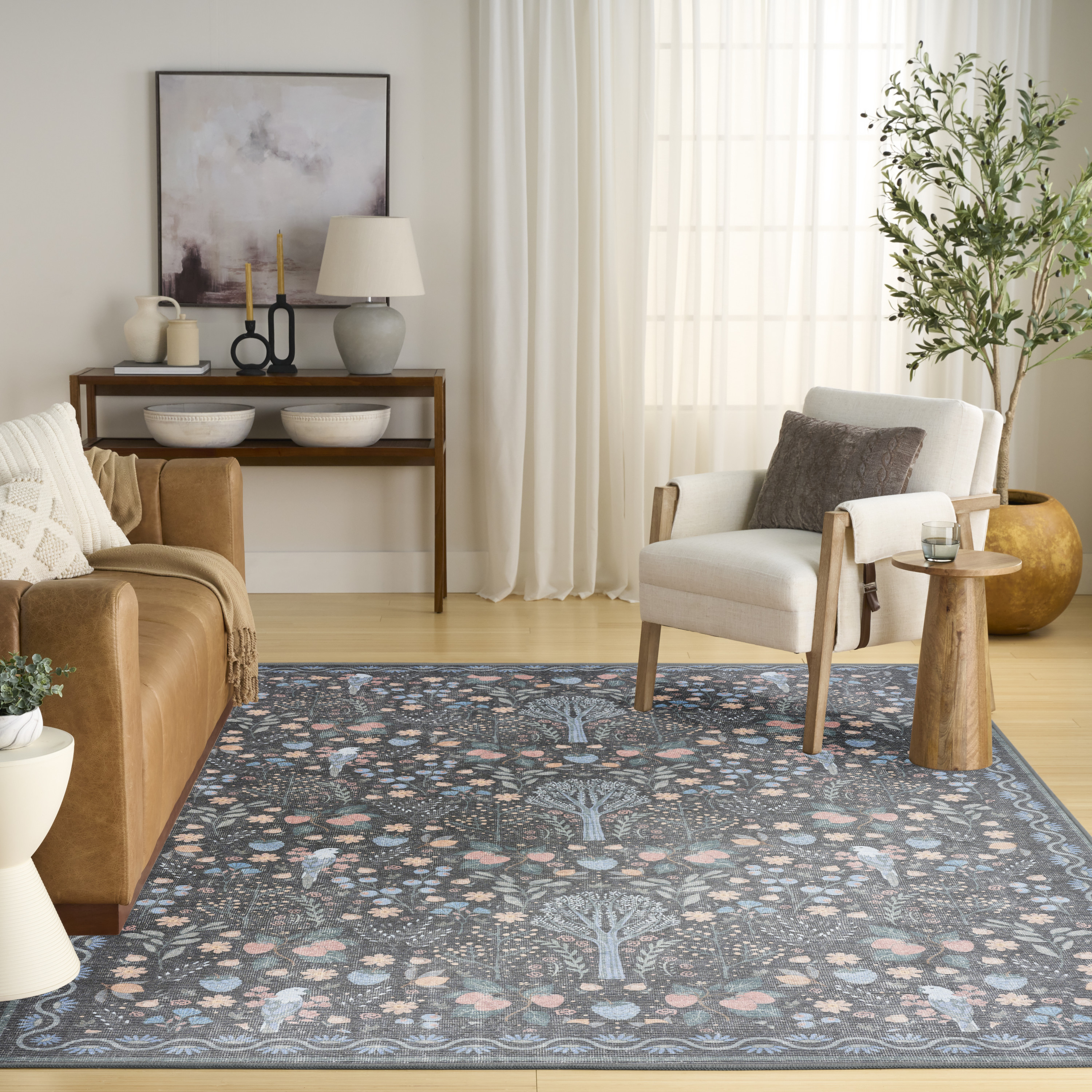 Nourison Botanical Washables 5' x 7' Charcoal Multicolor Modern Indoor Rug