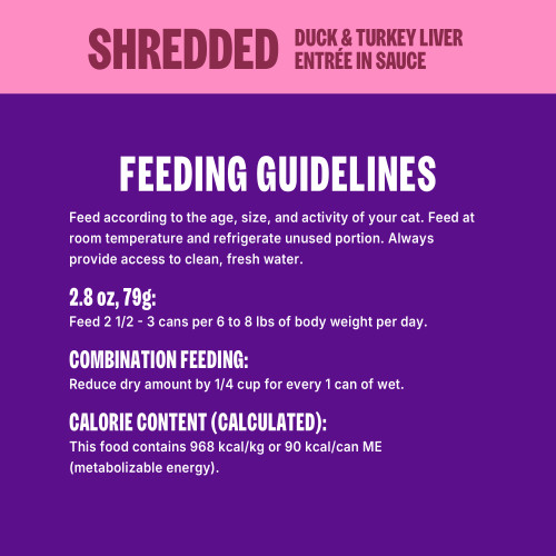 Feed according to the age, size, and activity of your cat. Feed at room temperature and refrigerate unused portion. Always provide access to clean, fresh water. 
1 Can = 2.8 oz (79 g)		
Feed 2 ½ – 3 cans per 6 to 8 lbs of body weight per day.