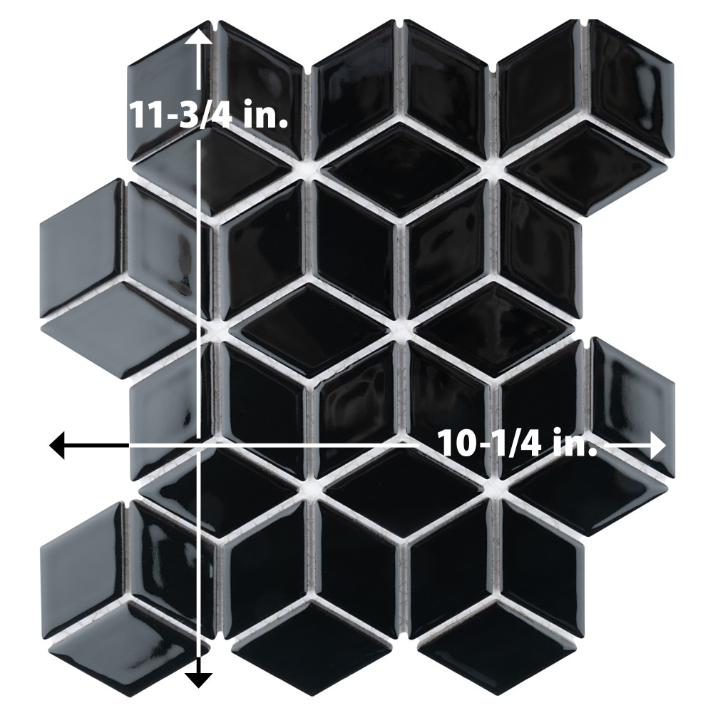 Hudson Rhombus Glossy Black 10-1/4 in. x 11-3/4 in. Porcelain Mosaic Tile