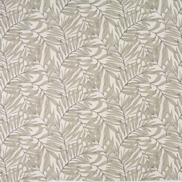 Wallpaper with repeating beige-gray palm-leaf motif and fine-line, linen-like texture; covering a flat surface; neutral, softly lit background providing subtle botanical decor.