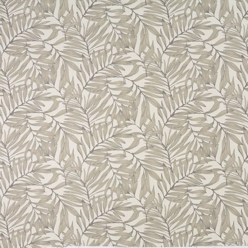 Wallpaper with repeating beige-gray palm-leaf motif and fine-line, linen-like texture; covering a flat surface; neutral, softly lit background providing subtle botanical decor.