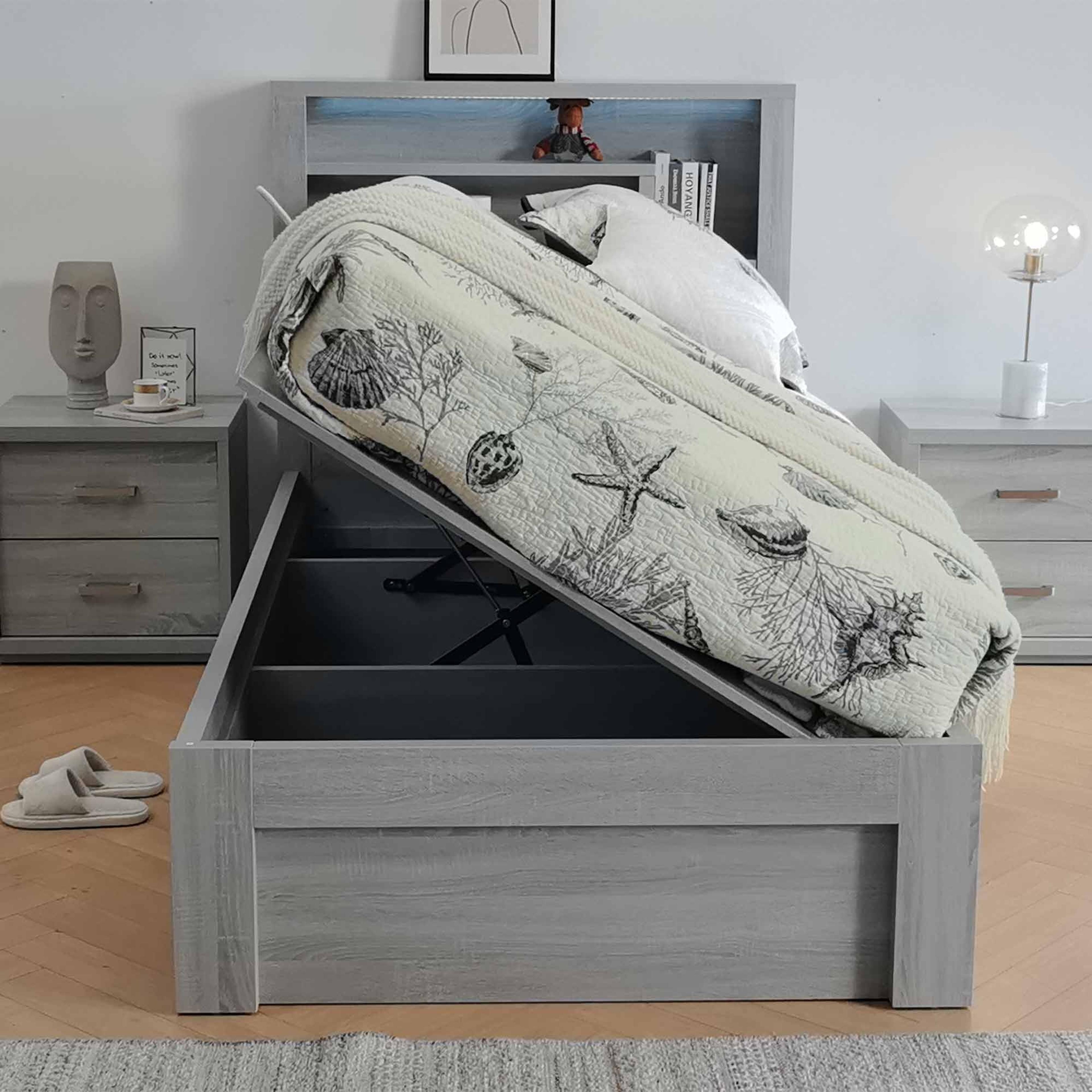 Lifestyle image of the  Bellevue Bed Frame, Side Gas Lift Base, Cement Grey from Forty Winks