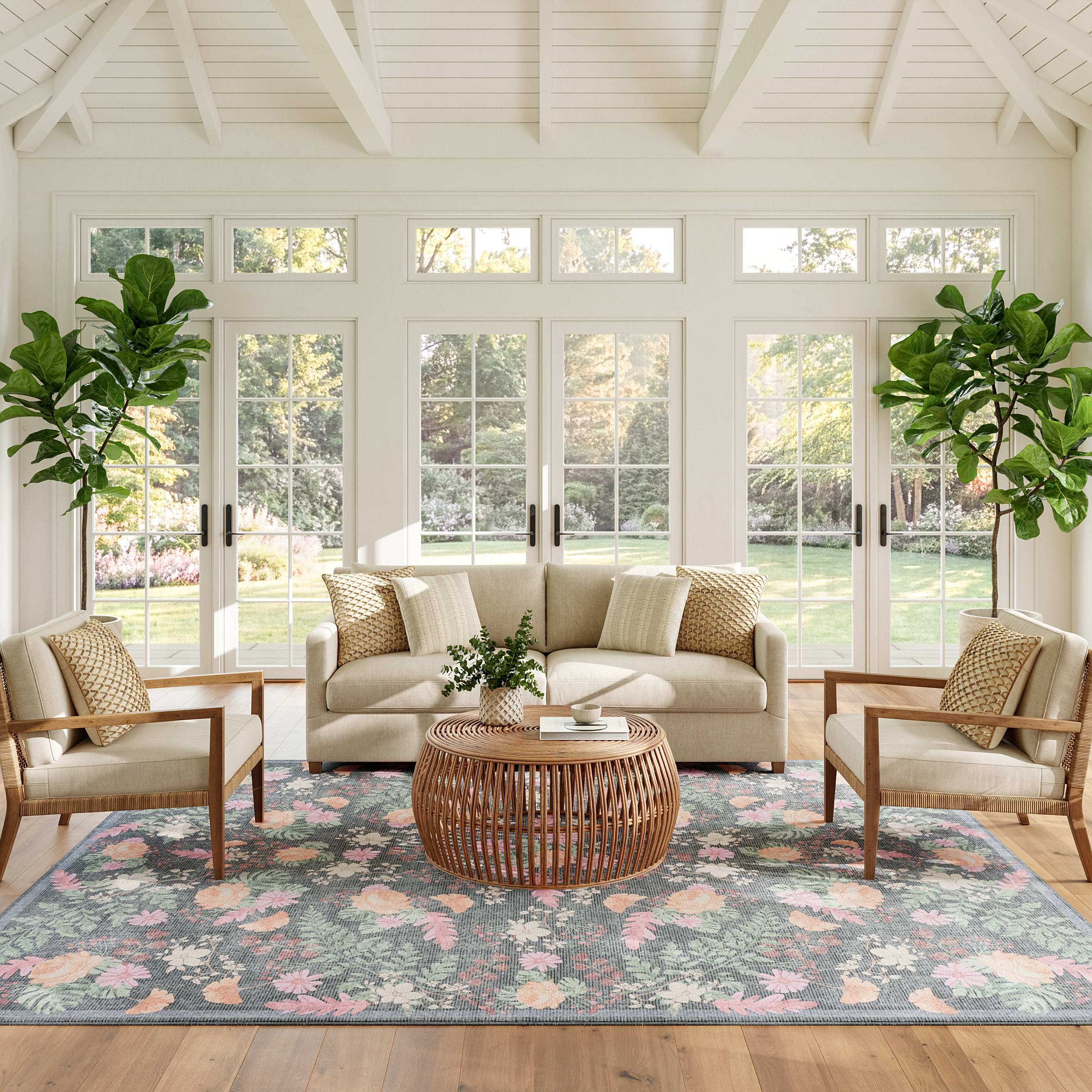 Nourison Botanical Washables 4' x 6' Charcoal Multicolor Farmhouse Indoor Rug