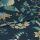 Folded dark teal fabric with botanical print—green leaves and yellow, blue flowers—folded along the center, overlapping to reveal textured weave; close-up on a flat surface under soft studio lighting.