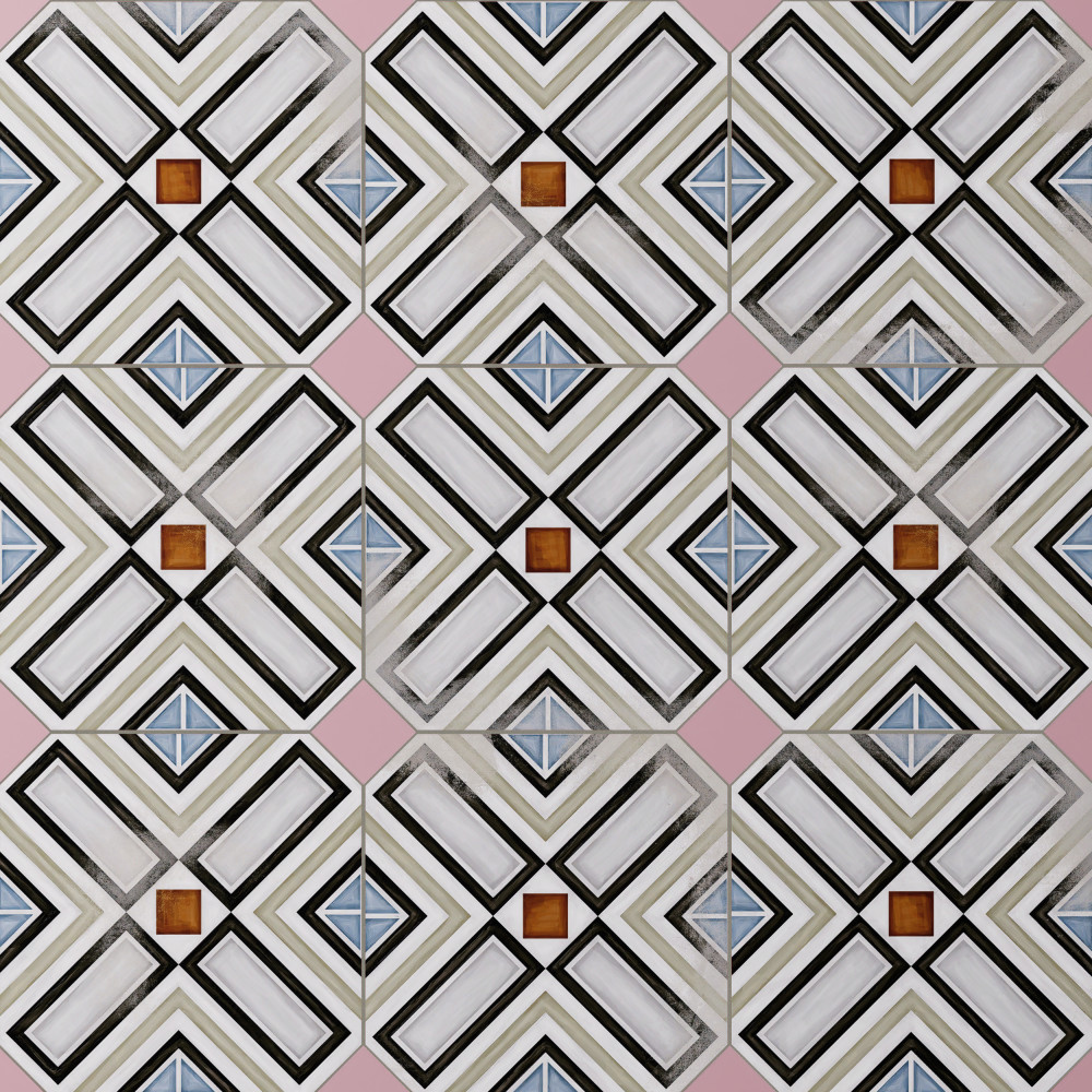 Vaudeville Octagon Deco Ritter with Taco Pink 7-7/8 in. x 7-7/8 in. Porcelain Floor and Wall Tile
