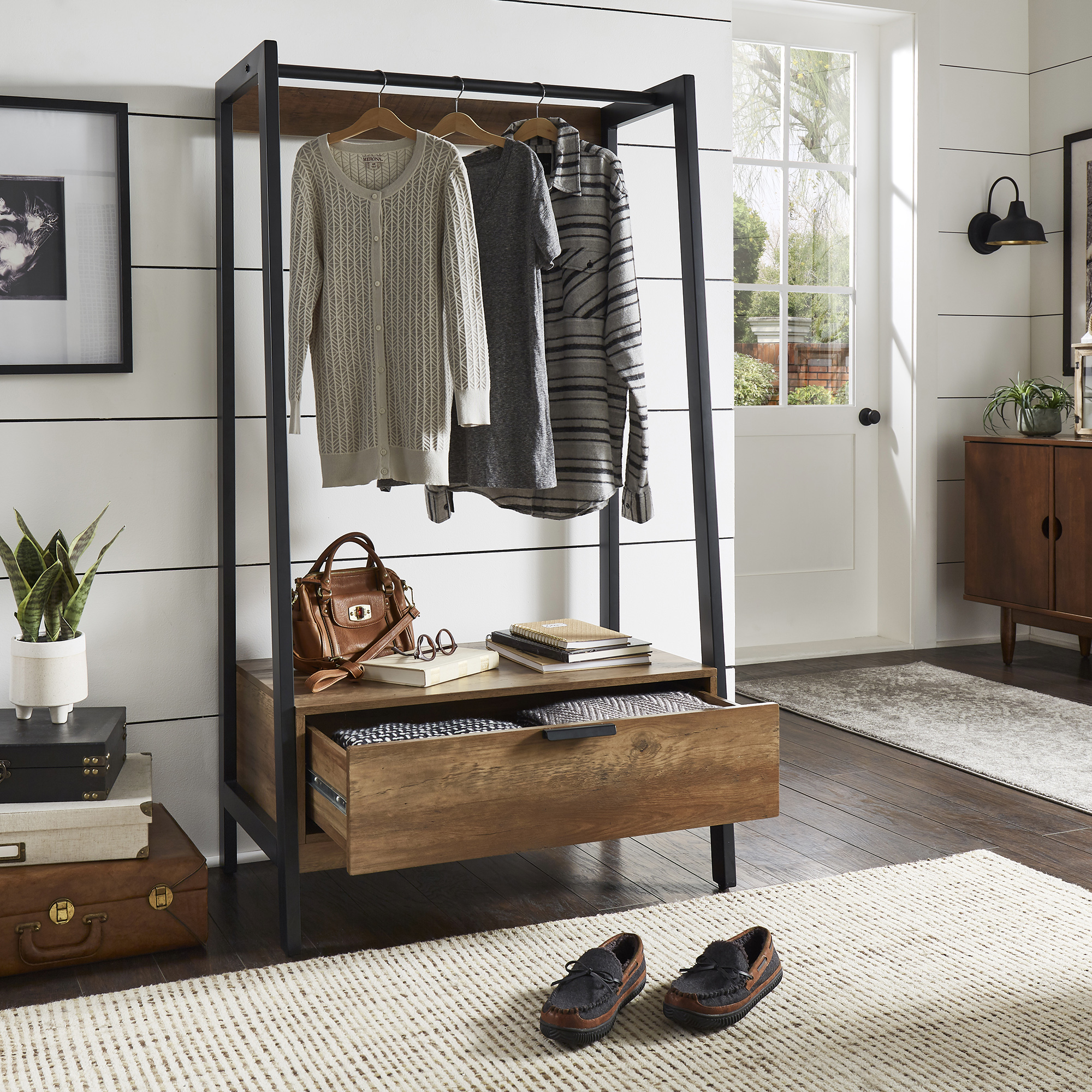 Matte Black Metal 1-Drawer Hall Tree