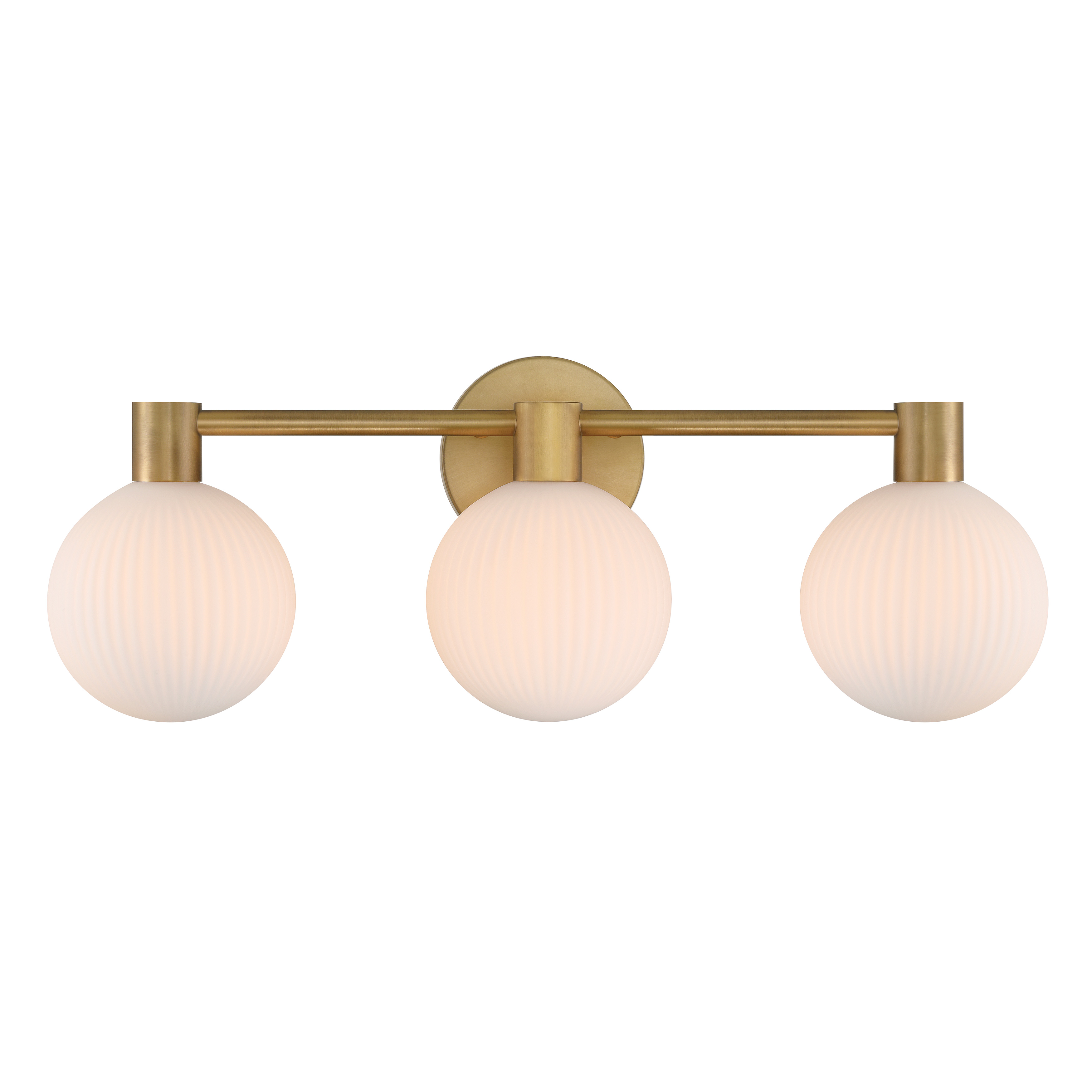 The Fenton 24" vanity light combines timeless Legacy Brass finish with sophisticated white striped glass shades. Perfect for medium-sized bathrooms, this 3-light fixture provides ample illumination with dimmable functionality. - alternate view