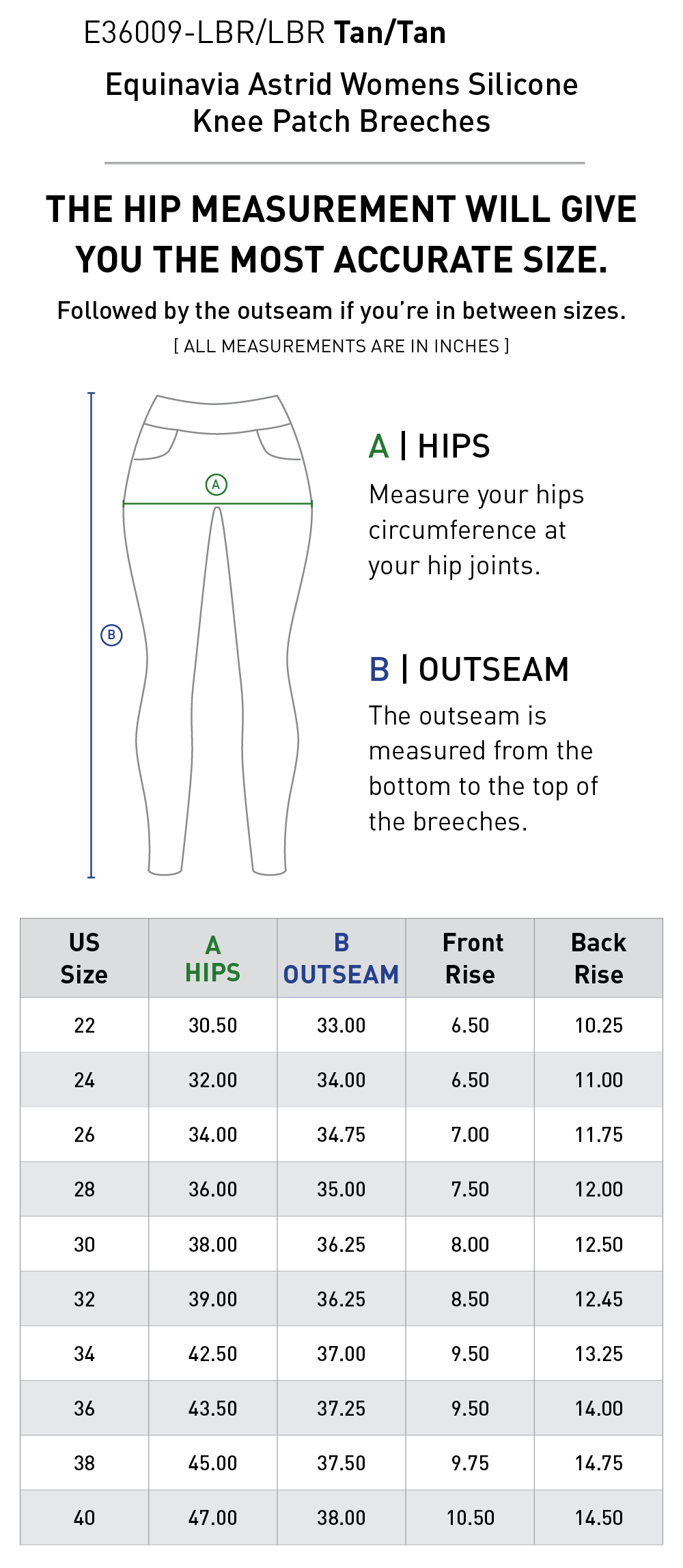 Size chart for Equinavia Astrid Womens Silicone Knee Patch Breeches - Tan/Tan