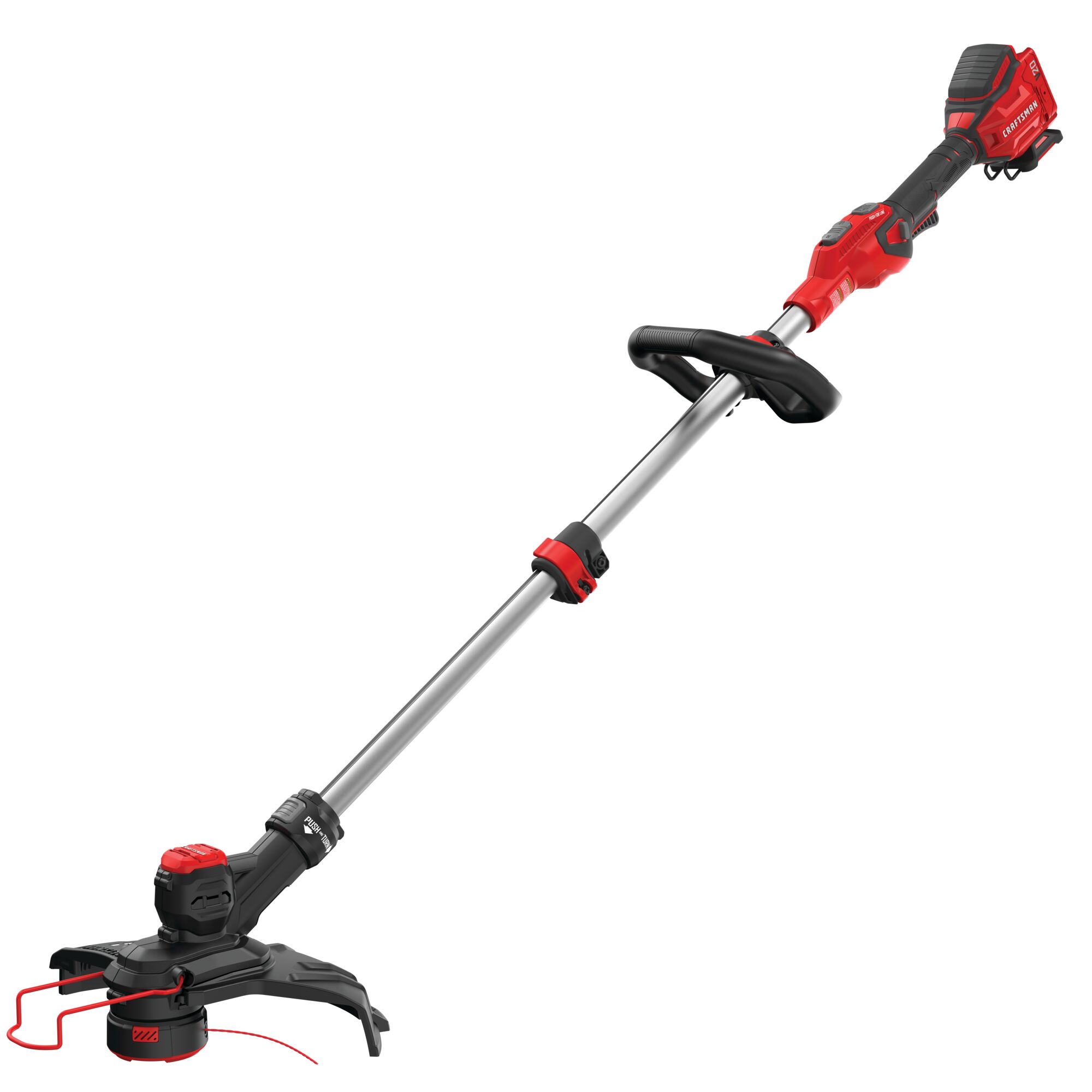 Left profile of 20 volt cordless 13 inch weedwacker string trimmer edger with push button feed.