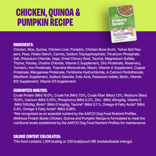 <p>Chicken, Rice, Quinoa, Chicken Liver, Pumpkin, Chicken Bone Broth, Yellow Bell Peppers, Peas, Potato Starch, Carrots, Sodium Tripolyphosphate, Tricalcium Phosphate, Salt, Potassium Chloride, Sage, Dried Chicory Root, Taurine, Magnesium Sulfate, Thyme, Parsley, Choline Chloride, Vitamin E Supplement, Zinc Proteinate, Rosemary, Turmeric, Iron Proteinate, Thiamine Mononitrate, Niacin, Vitamin A Supplement, Copper Proteinate, Manganese Proteinate, Pyridoxine Hydrochloride, d-Calcium Pantothenate, Riboflavin Supplement, Sodium Selenite, Folic Acid, Potassium Iodide, Biotin, Vitamin B12 Supplement, Vitamin D3 Supplement.</p>
