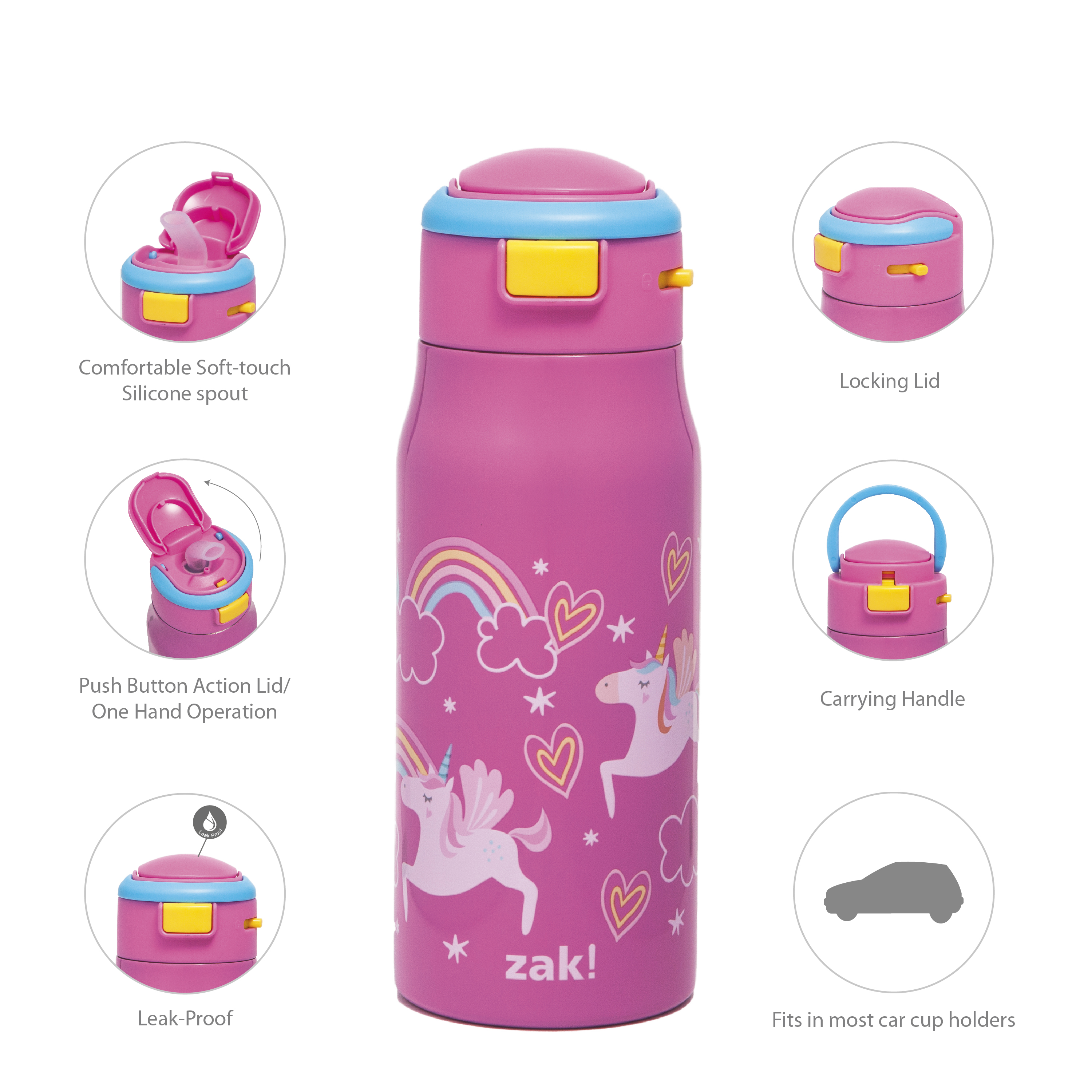 Zak Hydration 13.5 ounce Mesa Double Wall Insulated Stainless Steel Water Bottle, Unicorns slideshow image 8