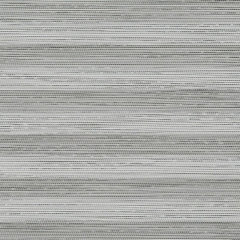 Horizontal woven roller blind â€” closed, filtering light subtly â€” tight close-up of grey, finely striped fabric texture with alternating thin dark and light horizontal bands.