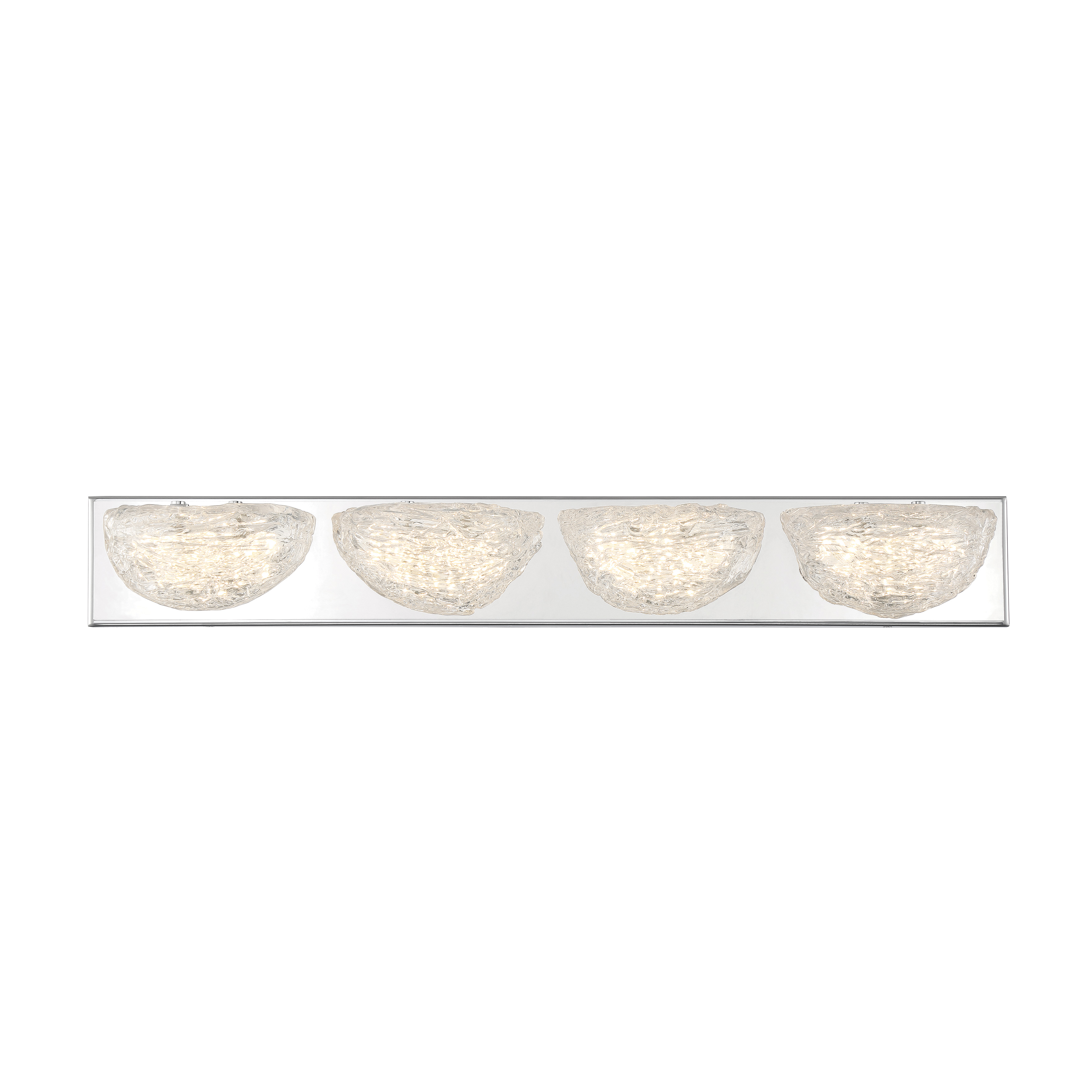 The Modern Ice 4-Light LED Bath combines contemporary chrome styling with handcrafted clear glass shades. Energy-efficient integrated LEDs deliver 3,450 lumens with exceptional 93 CRI color rendering. ADA compliant design spans 31.75 inches, ideal for double vanities. - alternate view
