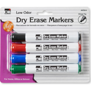 Dry Erase Markers, Barrel Style, Low Odor, Chisel Tip, Assorted Colors, Pack of 4