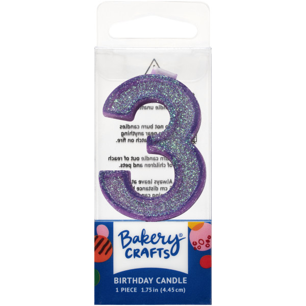 3 Mini Purple Glitter Numeral Candles