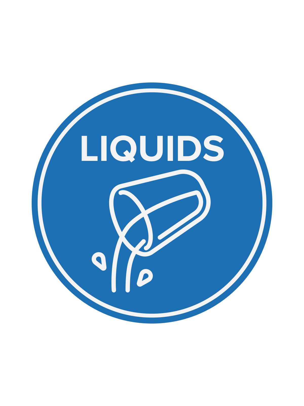 round label with the word LIQUIDS on a blue background showing a cup pouring out water
