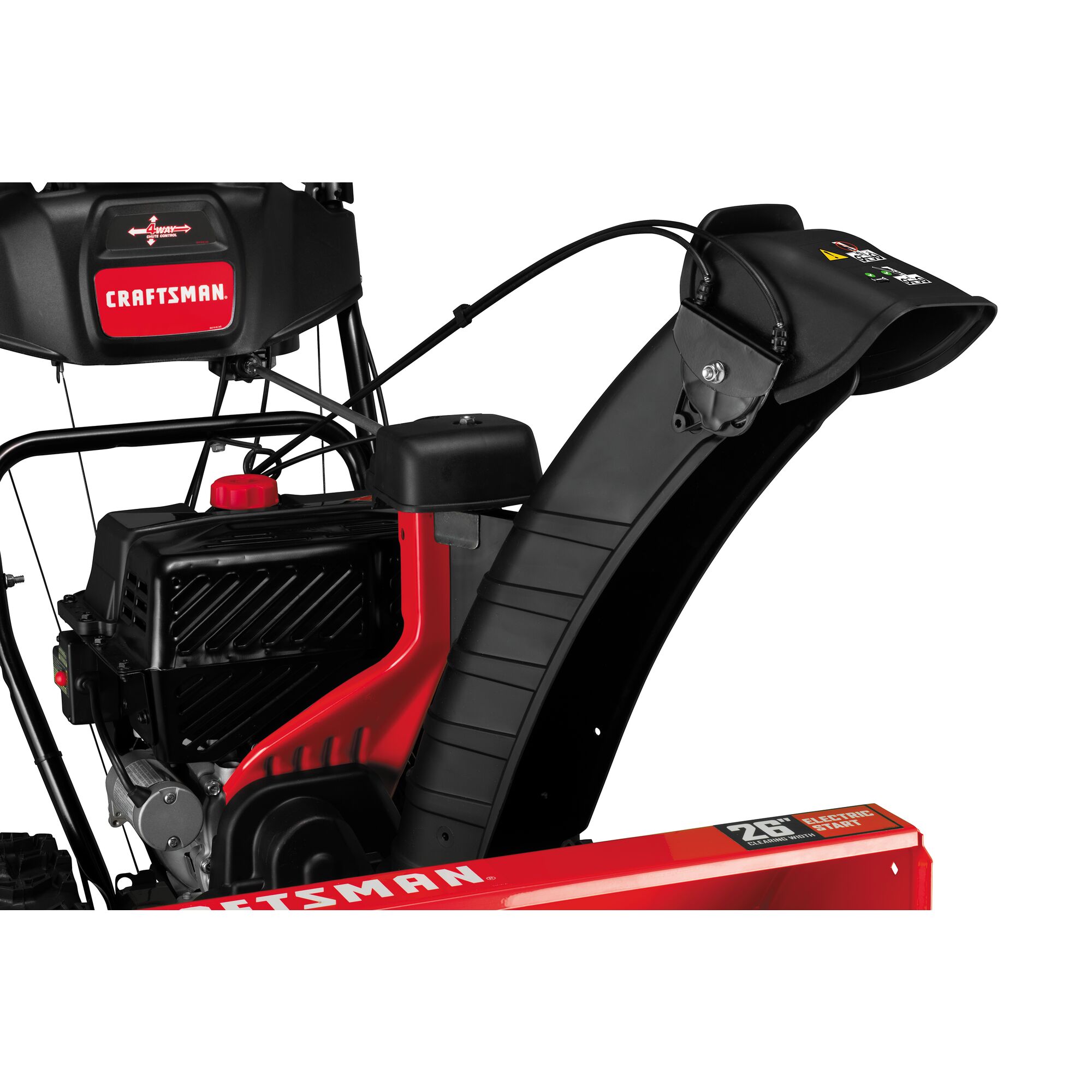 Extended chute control feature in 28 inch 357CC two stage self propelled gas snow blower with E F I and E G O V engine.