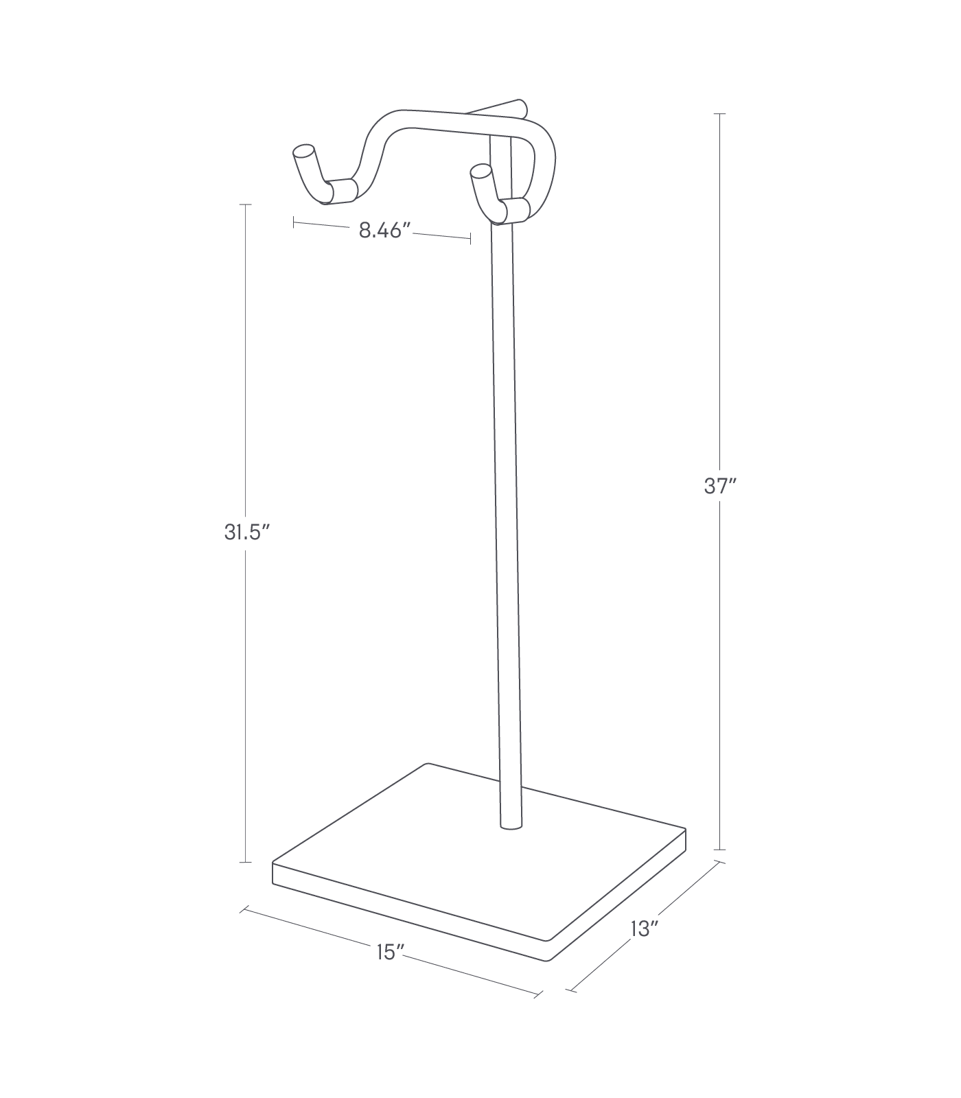 Dimension image for Bicycle Stand with a total height of 37 inches. It features a vertical pole measuring 31.5 inches tall, mounted on a base measuring 15 inches by 13 inches. The top handle width is 8.46 inches.