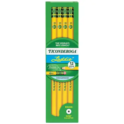 Ticonderoga Laddie Wood-Cased Pencils, #2 HB Soft, With Erasers, Yellow, 12 Count