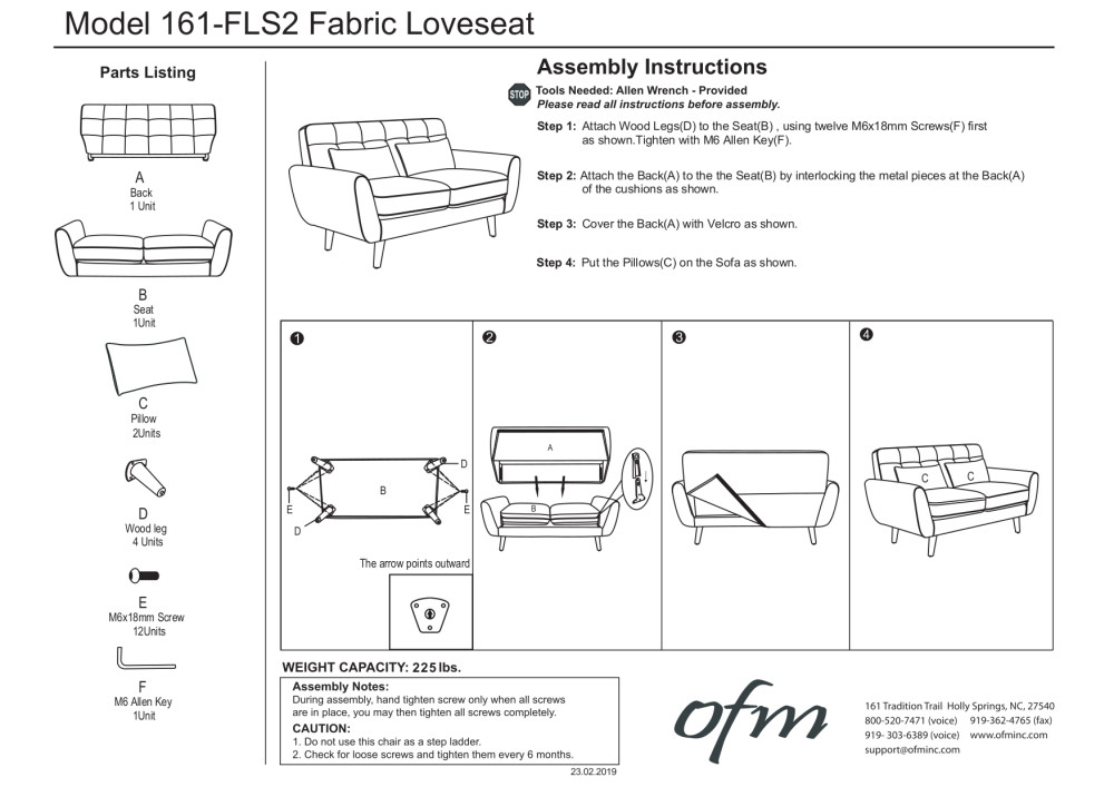 OFM Mid Century Modern Tufted Fabric Loveseat Sofa, Lumbar Support