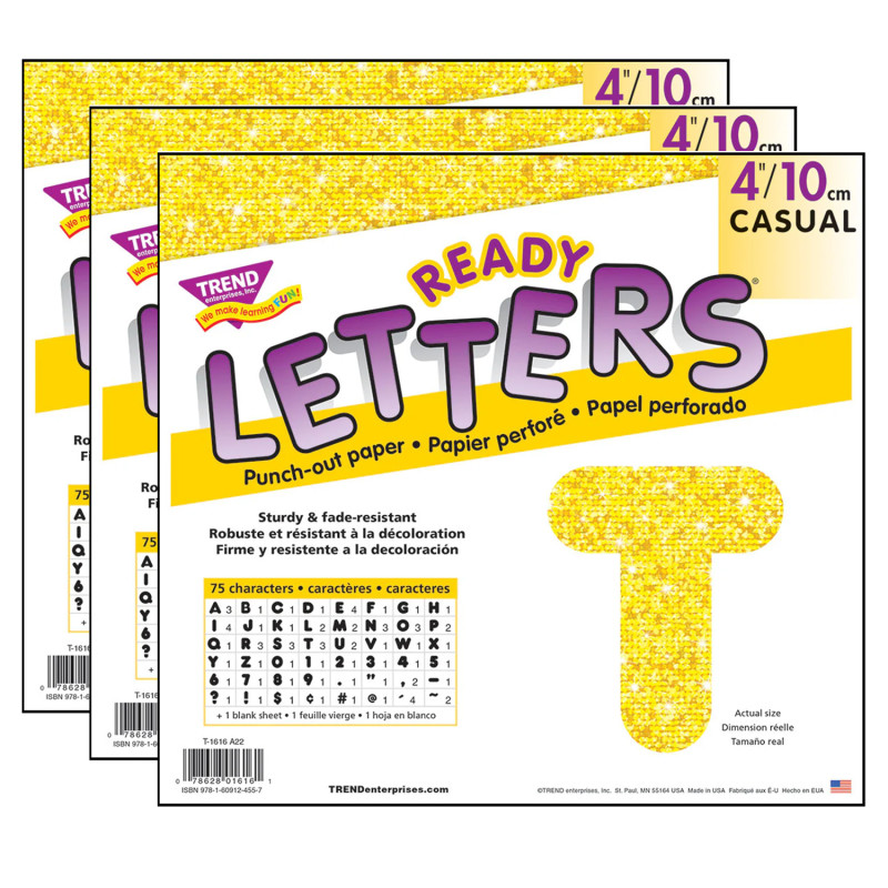Yellow Sparkle 4" Casual Uppercase Ready Letters®, 71 Per Pack, 3 Packs