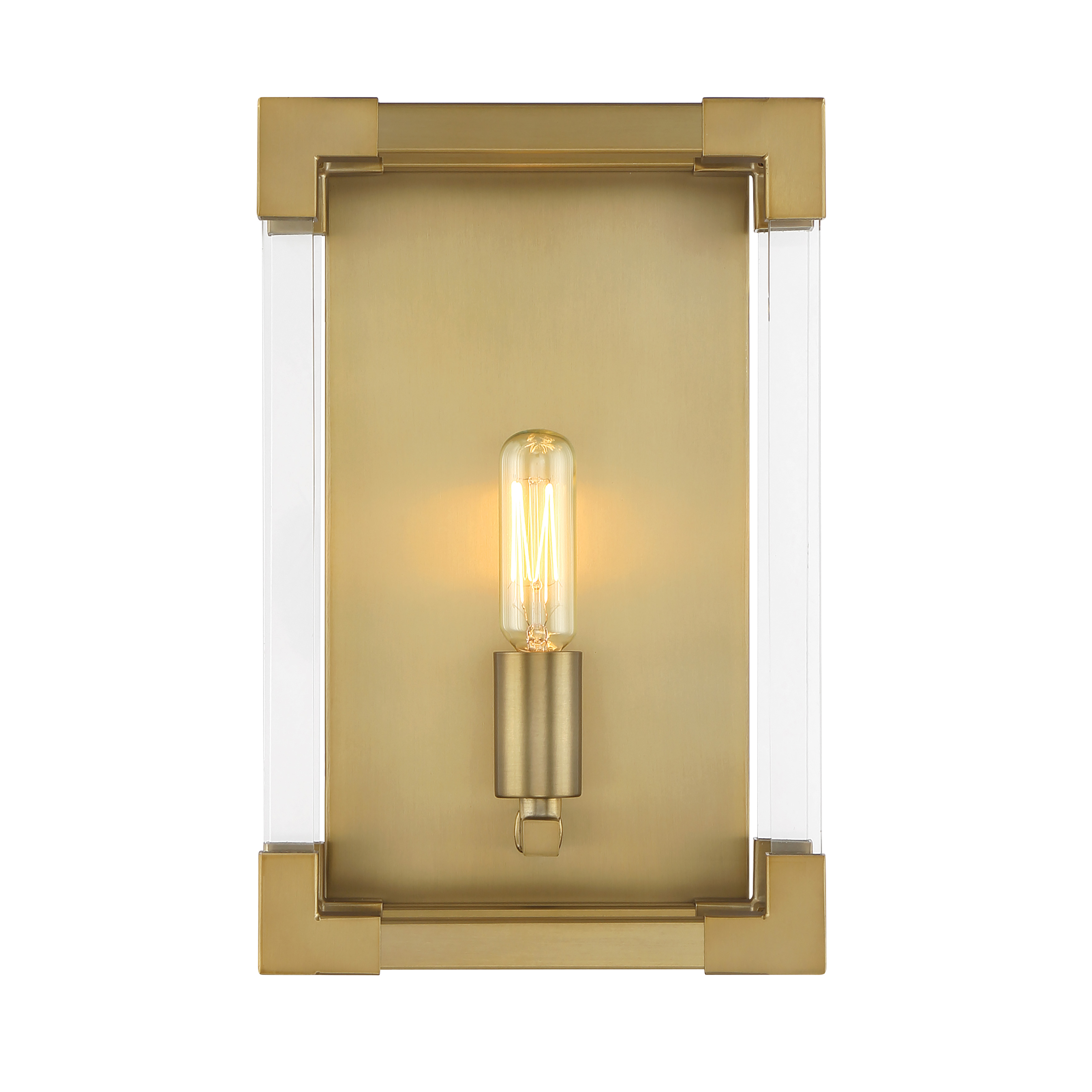 The Oro District wall sconce combines contemporary design with warm metallic tones. Its compact 7-inch width and soft brass finish make it ideal for modern bathrooms, hallways, and accent lighting applications. - alternate view
