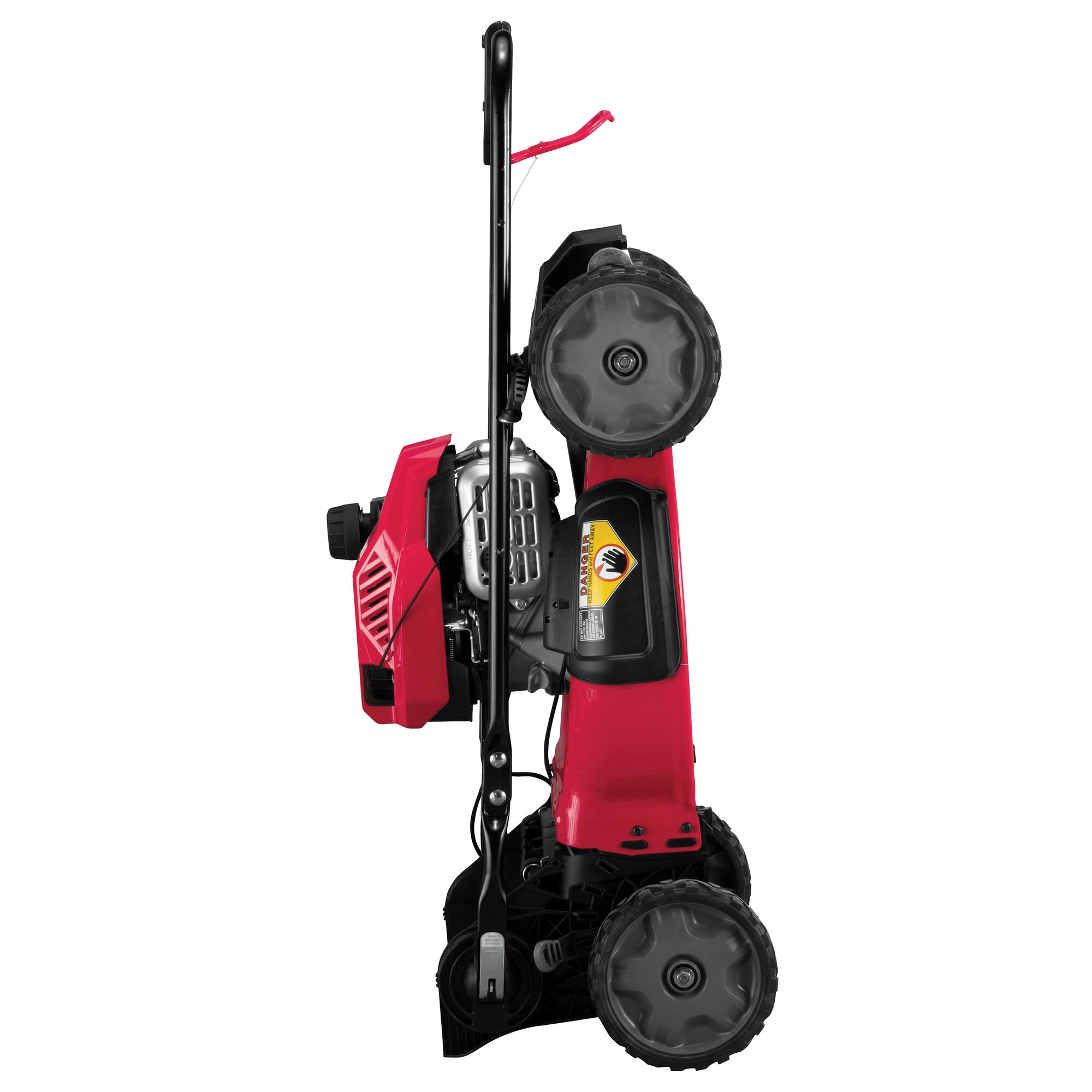 Profile of 21 inch 149 c c front wheel drive self propelled lawn mower.