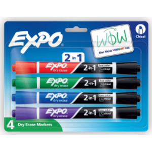 Dry Erase 2-in-1 Markers, Chisel Tip, Assorted, 4 Count